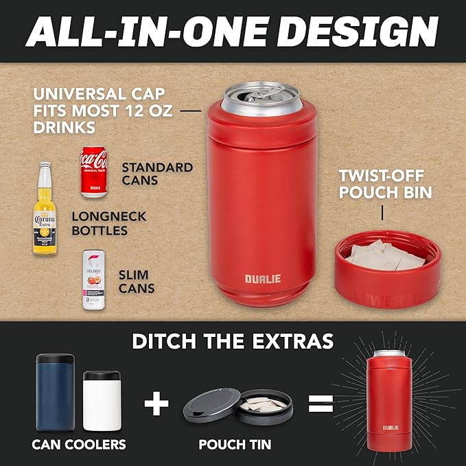 DUALIE Lower Deckie - Insulated 12 oz Can Cooler with Pouch Container - Universal Drink Holder with Built-in Pouch Bin - Choose Your Color