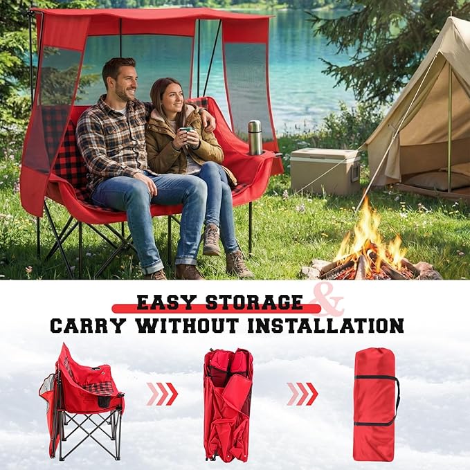 Double Camping Chair with Canopy Shade Oversized Folding Loveseat with Roof, 660lbs Heavy Duty Outdoor Lawn Chair with Holders Pocket for Camping, Fishing (Heating Zones for Cool Evenings)(Red Plaid)