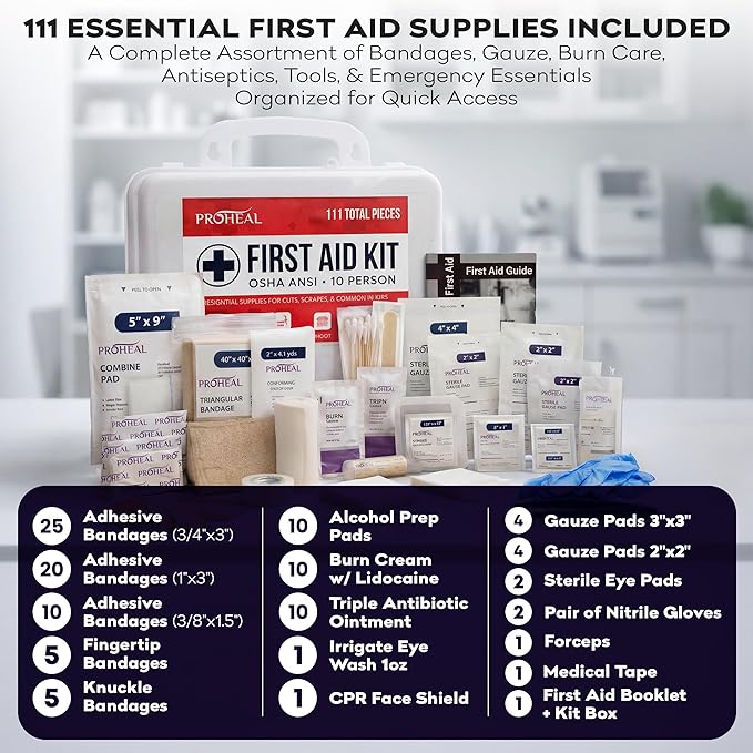 OSHA Compliant First Aid Kit - 10 Person, Type III, ANSI Class A, 111 Pieces for Business, Office, Home, Truck, Car & Construction Site - Wall Mountable | ProHeal