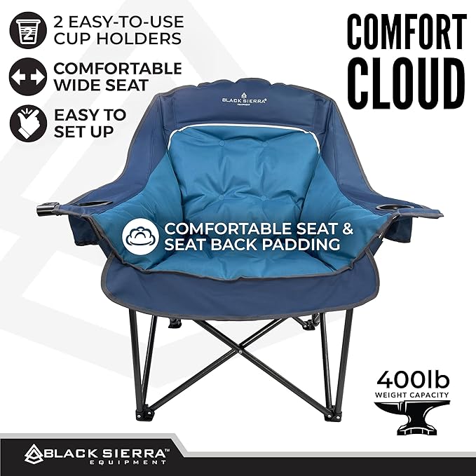 Black Sierra Oversized Camping Chair for Adults – 400 lb Heavy Duty Folding Chair with Cup Holders & Carry Bag