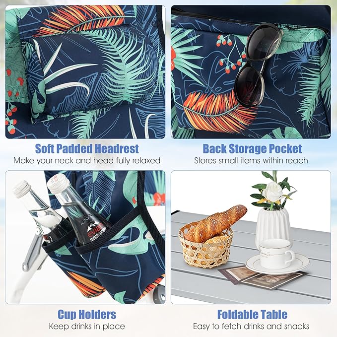 Tangkula Backpack Beach Chair with Table, 5-Position Lay Flat Chairs with Cooler Bag, 2 Cup Holders, Towel Bar, Lightweight Low Folding Chair with Backpack Straps