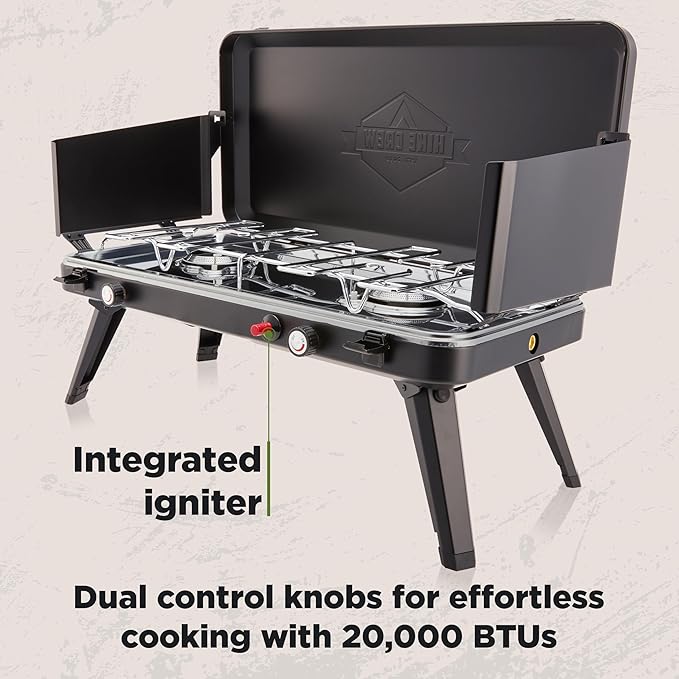 Hike Crew Gas Camping Stove | 20,000 BTU 2 Burner Propane Portable Stovetop | Foldable Legs | Integrated Igniter & Included Regulator | Wind Panels & Built-in Carrying Handle