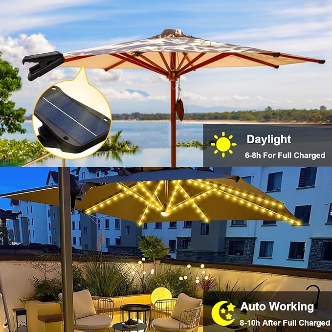 ZNYCYE Patio Umbrella Solar Lights with 8 Lighting Modes - Upgraded Larger Solar Panel Clip 5V 152 LEDs Umbrella Lights Outdoor Waterproof for Patio Beach Tent Camping Garden Decor, Warm White