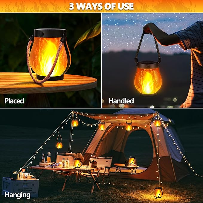 iBaycon 2 Pack Solar Lanterns Lights, Flickering Flame Garden Lights with 2 Modes Dual Charging USB & Solar, Outdoor Waterproof Hanging Lantern for Yard Patio Porch Decor (Warm White)