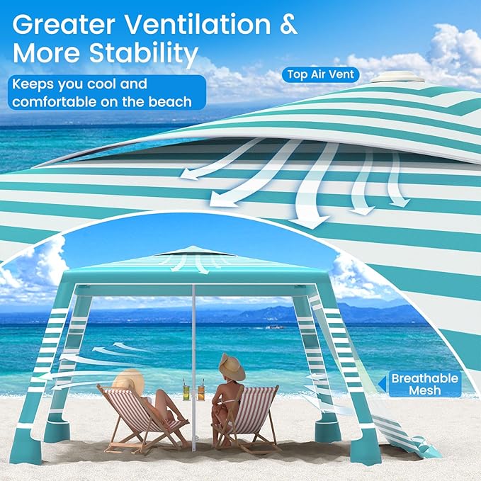 MoKo Beach Cabana, 8'×8' Large Beach Canopy with Side Wall, UPF 50+ Protection Easy Setup Beach Tent Sun Shelter, Adjustable Height Wind Resistant Cabana Beach Tent for Whole Family, Green Stripe