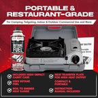 Chef Master 15,000 BTU Butane Portable Camp Stove + 4x 8oz Butane Canisters | Double Wind-Guard Portable Stove Burner w/Piezo Ignition for Emergencies, Tailgating, Hiking & Camping Essentials - 90019