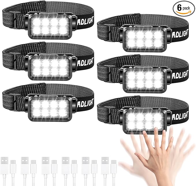 6 Pack Rechargeable Headlamp,Super Bright LED Head Flashlight with Motion Sensor,IPX6 Waterproof Headlight for Camping,Hiking,Fishing,Running,Hunting,Hands Free Head Lamp for Adults,Team Work