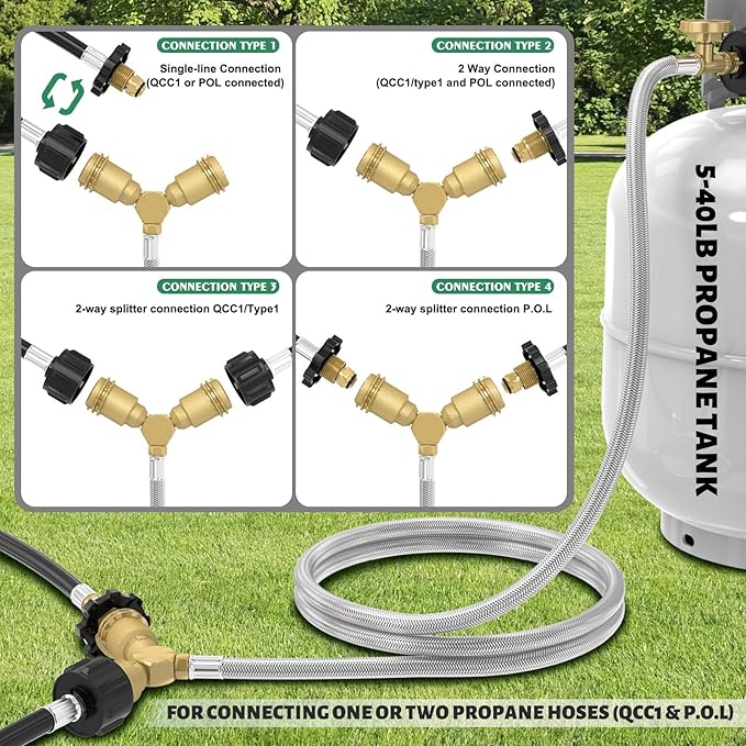GardenNow 5FT Propane Hose with Propane Splitter 2 Way, Propane Y Splitter Adapter with Shut Off Valve, Two Way LP Gas Adapter Tee Connector for 20lb Propane Tank, Heater, Camping Stove, Gas Burners