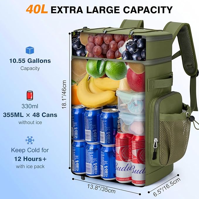 Insulated Cooler Backpack, 40L Leakproof Backpack with Double Compartments for Men & Women, Large Lunch Cooler for Camping, Beach, Travel, Picnic, Up to 48 Cans