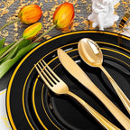 bUCLA 150 Pieces Black and Gold Disposable Dinnerware Set - 25 Guests Black Gold Plastic Plates Include 25 Dinner & 25 Dessert Plates, 25 Spoons, 25 Forks, 25 Knives, 25 Cups for Party & New Year
