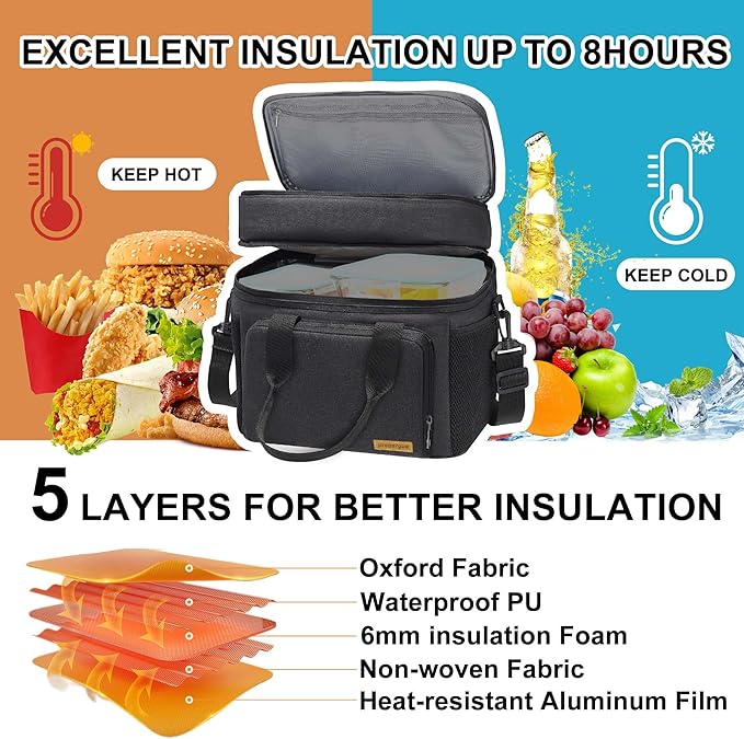 Lunch Bag-Double Deck Insulated Lunch Box for Men Women, Soft Leakproof Thickened Cooler Bag for Work , Picnic, Outdoor, Camping, Travel (Black，15L)