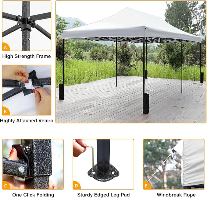 10x20fT Pop-Up Canopy Tent – Adjustable Height Outdoor Gazebo, Quick Setup with Sandbags, Ground Stakes & Ropes, Perfect for Outdoor Activities, White