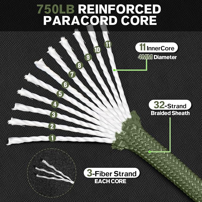 Paracord Rope 750 - Parachute para Cord 4mm 11 Strand Spool Rope Utility Nylon String for Outdoor Camping Survival Utility Tent Crafting DIY Projects - ArmyGreen 500ft
