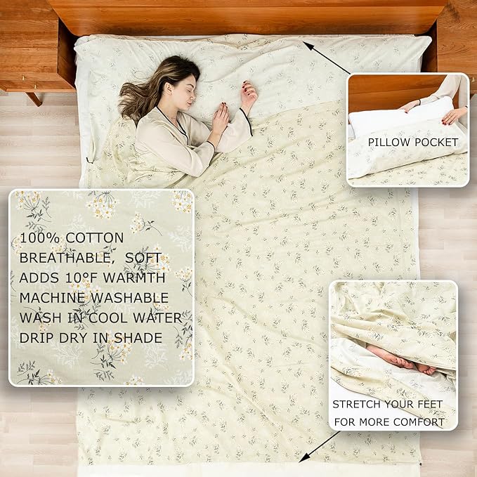 100% Cotton Sleeping Bag Liner with Full Length Zipper on 3 Sides; Single/Double Adult Sleep Sack for Travel & Camping, Multifunctional Travel Sheets (Unzipped 87”x87”) for Hotel, Lightweight