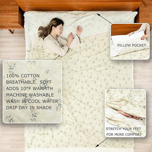 100% Cotton Sleeping Bag Liner with Full Length Zipper on 3 Sides; Single/Double Adult Sleep Sack for Travel & Camping, Multifunctional Travel Sheets (Unzipped 87”x87”) for Hotel, Lightweight
