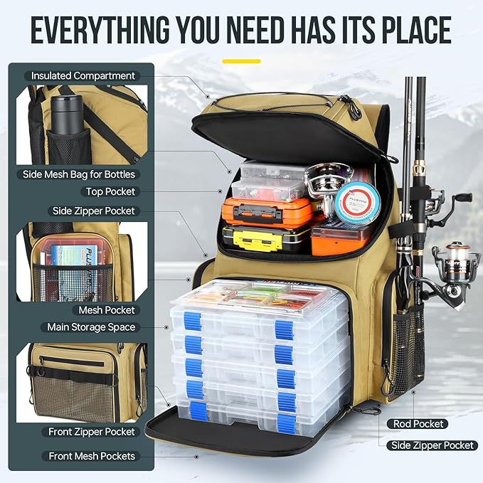 PLUSINNO Cooler Fishing Backpack with Rod Holders 45L Large Water-resistant Fishing Tackle bag Store Fishing Gear Fishing Gifts for Men Father, Sport Bags