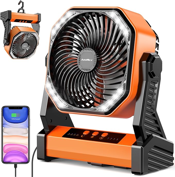 20000mAh Battery Powered Camping Fan, 58Hrs Rechargeable Portable Fan, 400LM Light, 360° Hook, Whisper Quiet Battery Operated Fan for Outdoor Car Travel Hurricane Camping Gear Essentials Power Outages
