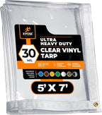 5' x 7' Clear Vinyl Tarp - 30 Mil Super Heavy Duty Transparent Waterproof PVC Tarpaulin with Brass Grommets - for Patio Enclosure, Temporary Wall, Camping, Tent Cover, Canopy - by Xpose Safety
