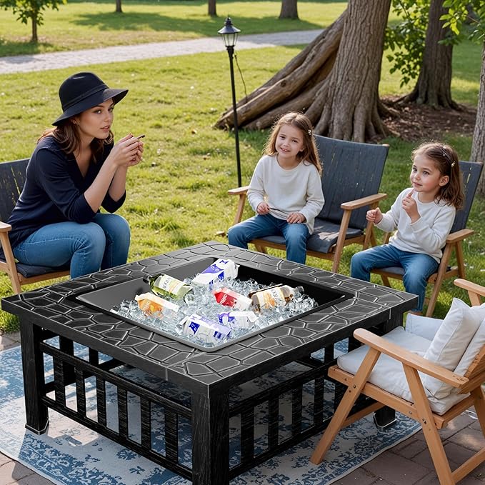 Greesum Multifunctional Patio Fire Pit Table, 32in Square Metal BBQ Firepit Stove Backyard Garden Fireplace with Spark Screen Lid and Rain Cover for Camping, Bonfire and Picnic, Silver