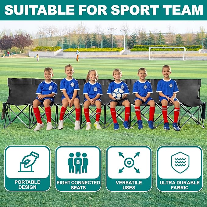 1MORE Soccer Bench - Portable Folding Team Bench, 8 Seats Foldable Sideline Benches, Soccer Chair with Bag & Backrest, Adult Team Chair for Football Camp Sport Events Outdoor Seating.Black -2PACK