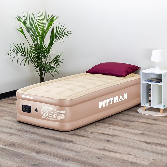 Pittman Outdoors - Tan 18" Luxury Double High Twin Air Mattress with Built in Pump - Premium Comfort Twin Size Blow up Mattress - 300lb Capacity - Ideal for Home Visits, Guests, Travel or Camping