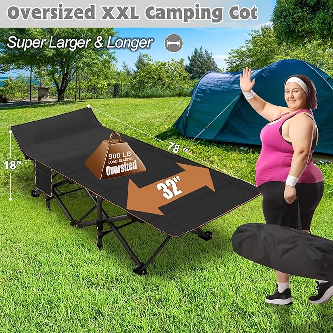 ABORON XXL Camping Cot with 2in Memory Foam Trifold Mattress, 900LBS Heavy Duty Sleeping Cot for Adults, Extra Wide Sleeping Cot, 1200D Double Layer Oxford Cot for Camping, Guest, Office Nap