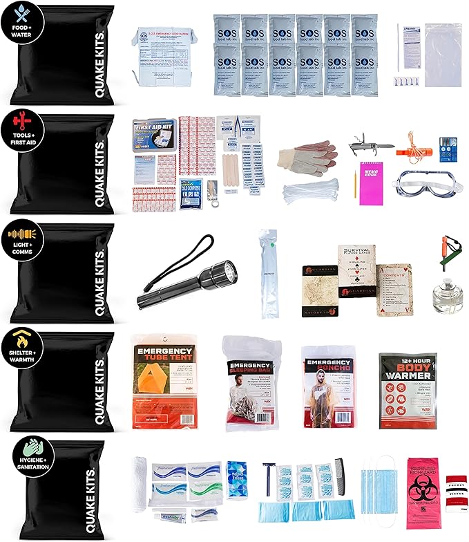 Quake Kits Earthquake Emergency Kit, Go Bag Emergency Backpack, Survival Kits for Disaster Preparedness, 72 Hour Food, First Aid, Water for Hurricanes, Tornado, Storm, Blackout