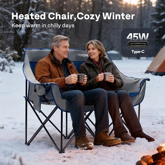 VIVOHOME 45W Padded Heating Double Camping Chair with 2 x 27000mAh Power Bank, Heated Oversized Portable Loveseat for Outdoor Sports, 3 Levels of Heat, Overheat Protection System, Navy Blue and Gray