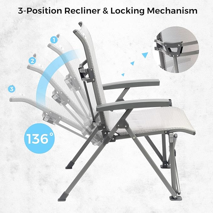 SUNNYFEEL Folding Camping Chair Outdoor Reclining Adjustable 3 Position Heavy Duty Adults 500 LBS Capacity with Hard Armrests & Cup Holder, Blue Ergonomic Chairs for Outdoor, Camp, Beach, Travel, RV
