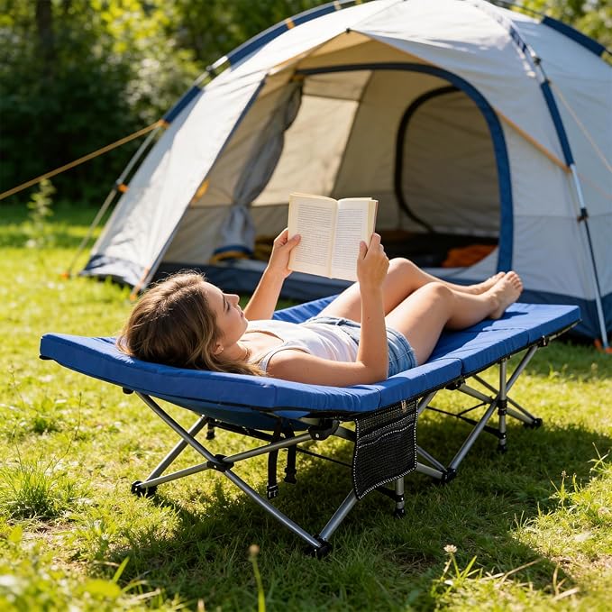 Slsy Camping Cot with 2" Memory Foam Mattress, Upgraded Padded Folding Cot Bed with Carry Bag, Portable Sleeping Cot for Camping, Travel, Beach & Hiking