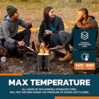 Wood Burning Fire Pit Stove with Black Exterior - Smokeless Outdoor Stove for Efficient Wood Fires, Camping, and Gatherings, Stainless Steel with Removable Ash Pan, Stand and Carry Bag