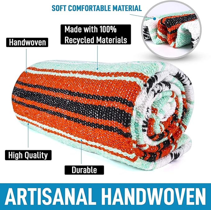 Authentic Extra Large Mexican Blanket - 70"x50" Handwoven Yoga, Serape, Artisanal Falsa, Beach, Camping, Picnic, Outdoor Blanket (Mint Orange)