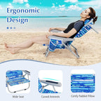 GYMAX Beach Chair, 330lbs Backpack Lounger with 5-Position Backrest, Storage Bag, Side Pocket, Towel Bar & Headrest, Foldable Low Beach Lounge, Portable Aluminum Lay Out Camp Chair (Blue Stripe,2)