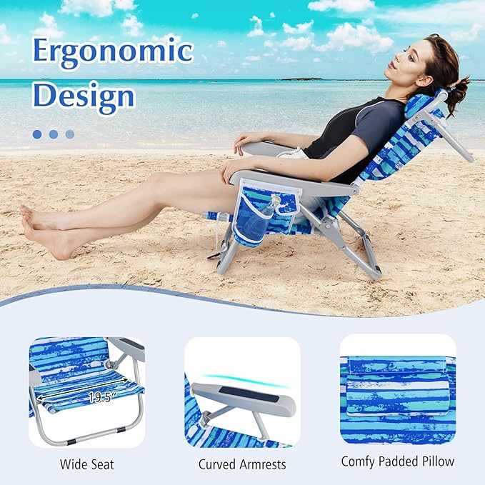 GYMAX Beach Chair, 330lbs Backpack Lounger with 5-Position Backrest, Storage Bag, Side Pocket, Towel Bar & Headrest, Foldable Low Beach Lounge, Portable Aluminum Lay Out Camp Chair (Blue Stripe,1)