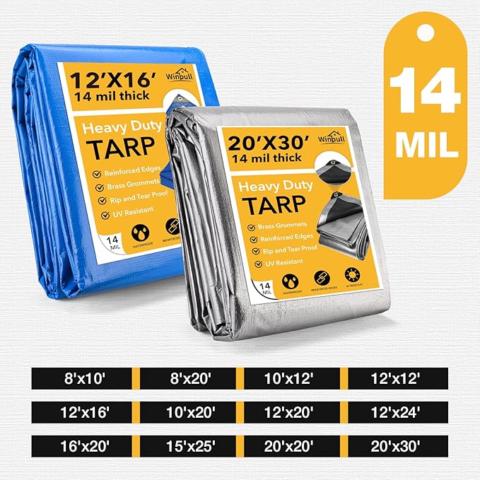Tarp 10x20 Feet 14 Mil Heavy Duty Waterproof Tarp, Large Multipurpose Cover with Brass Grommets and Reinforced Edges, UV Resistant Thick Poly Tarps for Outdoor Camping Tent Pool Car, Blue