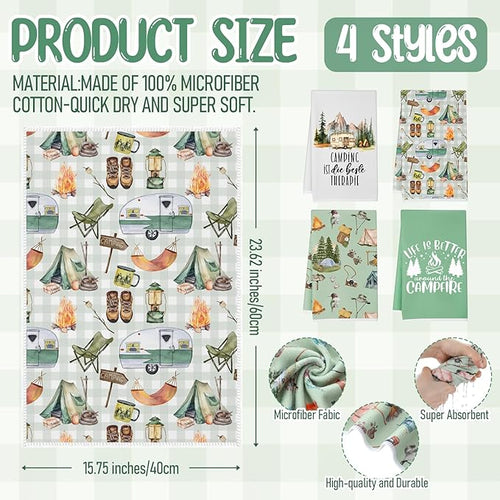 8 Pcs Camping Kitchen Gift Dish Towel Pot Holder Oven Mitt Set 4 Bonfire Tent Car Tea Towels with Funny Sayings Novelty 2 Oven Mitts 2 Pot Holders Camping Accessories Decor for Rv Campers