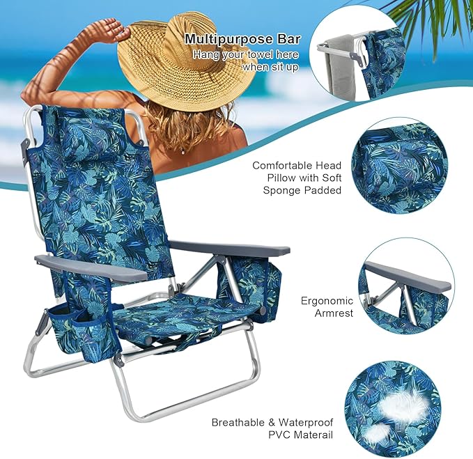 GYMAX Beach Chairs, Backpack Camping Chair with Armrest, Cooler Bag, Cup Holder, Towel Bar & Side Pockets, Sunbath Sling Tanning Lounge, Folding Layout Chair (with Table, Blue Leaves)