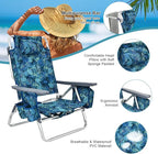 GYMAX Beach Chairs, Backpack Camping Chair with Armrest, Cooler Bag, Cup Holder, Towel Bar & Side Pockets, Sunbath Sling Tanning Lounge, Folding Layout Chair (Without Table, Blue Leaves)