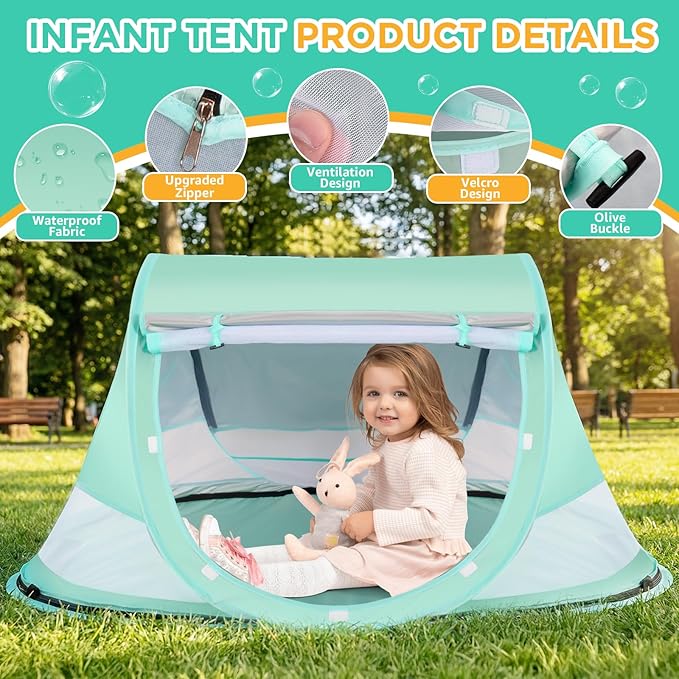 Baby Beach Tent, Pop Up Beach Tent Sun Shade for Beach, UPF 50+ UV Protection Sun Shelters for Infants with Carry Bag for Outdoor Travel, Camping(Green)