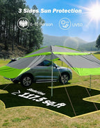 JOYTUTUS Versatile Vehicle Awning with 3 Removable Sides, Large Car Awning 11.5FT * 7.9FT, UV50+ and Waterproof PU2000mm Truck Canopy, SUV Camping Sunshade with 8 Storage Pockets,Gray Green