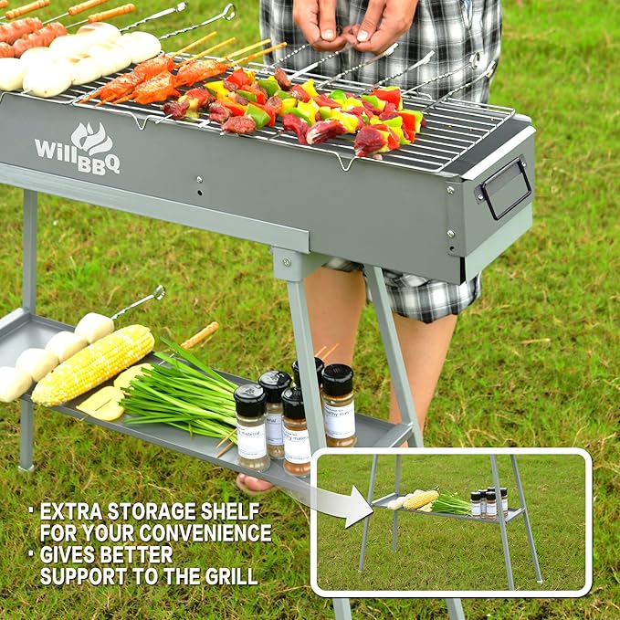WILLBBQ Charcoal Grills Commercial Quality Portable Hibachi BBQ Lamb Skewer Folded Camping Barbecue Grill for Backyard Outdoor Cooking Use (39.4x7.1x5.1 inch With Accessories)