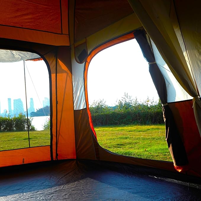 KTT Large Tent 8-10-12 Person,Family Cabin Tents,2 Rooms,2 Doors and 4 Windows with Mesh,Straight Wall,Waterproof,Double Layer,Big Tents for Outdoor,Picnic,Camping,Family Gathering