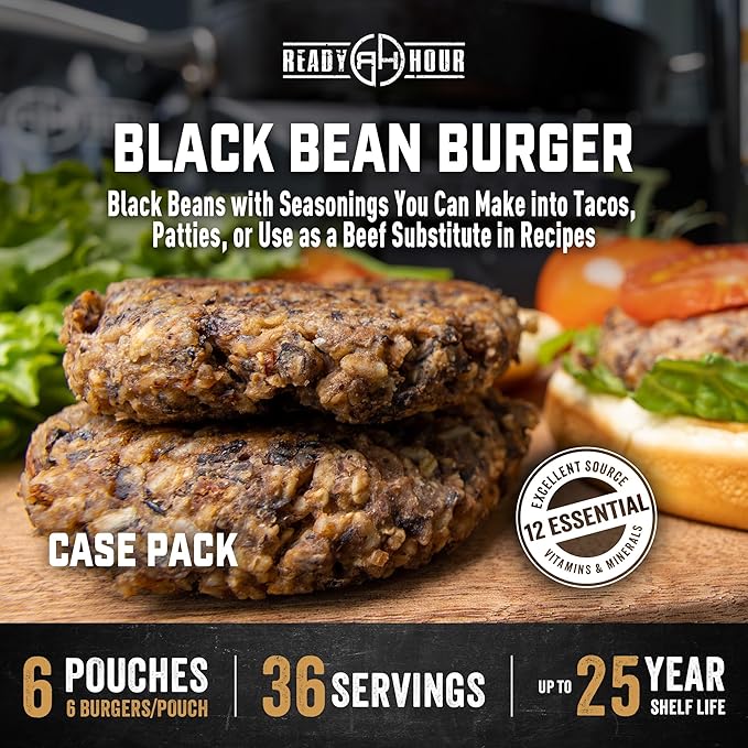Ready Hour Black Bean Burger Mix Case Pack – 36 Servings (6 Pouches) – Emergency Vegetarian Food, Long Term Storage, Shelf-Stable Veggie Burger, Survival Food Mix