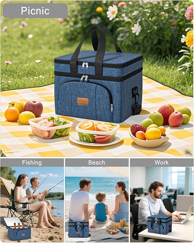 Rnivvi Lunch Box for Men, Double Decker Insulated Cooler Bag Lunch Bag Reusable Leakproof Tote Lunch Container with Strap for Work Family Picnic Hiking Camping, 18 Cans 12L, Large Adults, Blue
