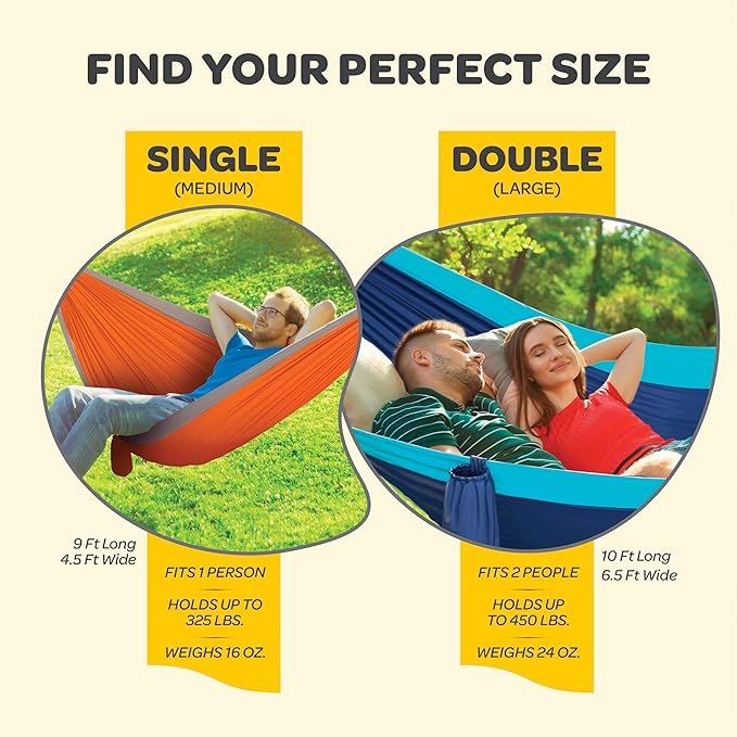 Durable Hammock 400 lb Capacity, Nylon Camping Hammock Chair - Double or Single Sizes w/Tree Straps and Attached Carry Bag - Portable for Travel/Backpacking/Beach/Backyard (Medium, Fuchsia & Sky Blue)