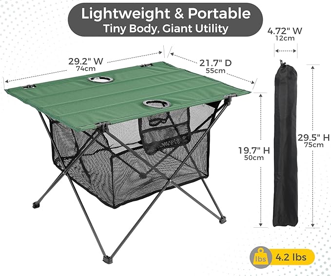 Lightweight Camping Table - Portable Folding Beach Side Table w/2 Cup Holders & Large Storage Basket, Compact Fold for Tailgate Travel Outdoor Fishing Picnic | 29.2" W x 21.7" D (Green)