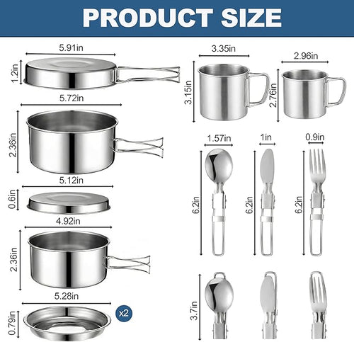 14-Piece Camping Cookware Set, 304 Stainless Steel Pots and Pans with 2 Sets of Cups, Plates, Forks, Knives, and Spoons for Camping, Backpacking, Outdoor Cooking, and Picnic