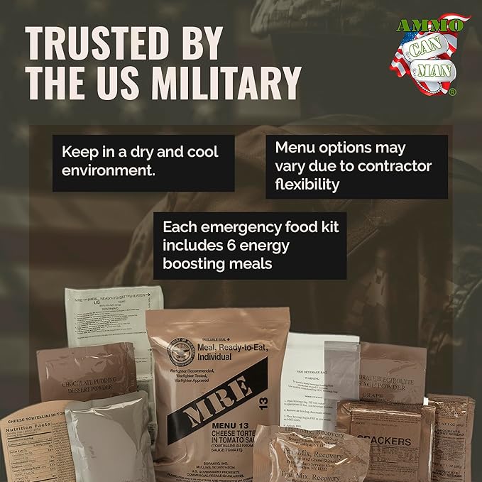 MRE Ready to Eat Meals - Emergency Food Kits, Pack Of 6 w/Entrees, Dessert, Flameless Heater & Accessories – Emergency Meals For Camping Hiking & Other Outdoor Activities