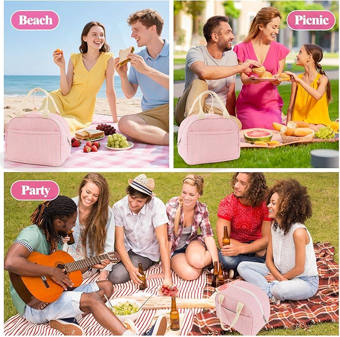Lunch Bag For Women, Cooler Insulated Lunch Box For Travel Work Picnic College School Adult Large Capacity Lunch Bags, Pink Stripe