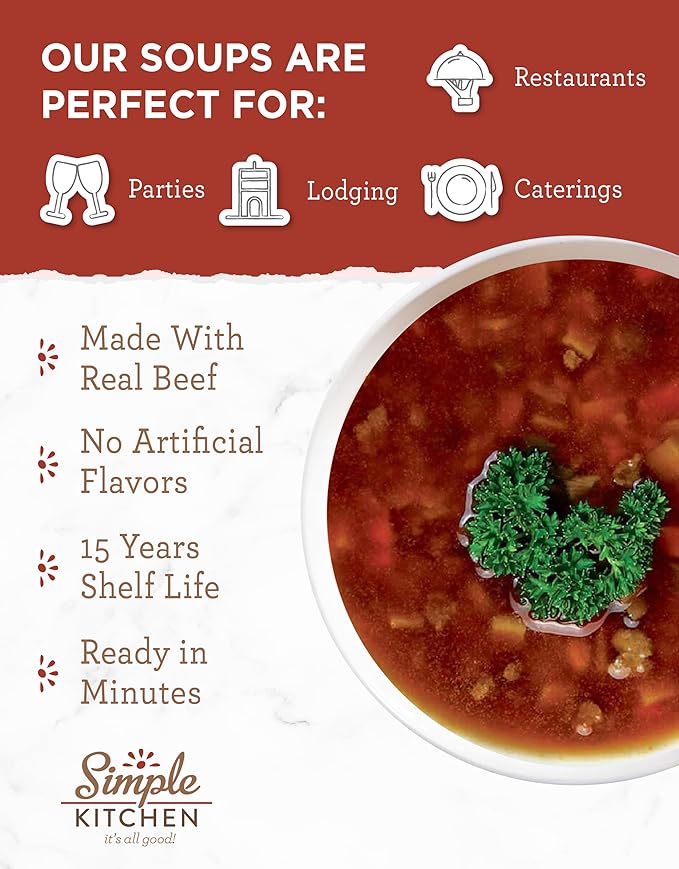 Simple Kitchen Vegetable Beef & Barley Soup Mix - 17 Servings for Family Meal Prep, Vegetarian, Gluten Free, Dehydrated & Freeze Dried Survival Food for Camping Meals & Hiking, Survival Kit, Pack of 4